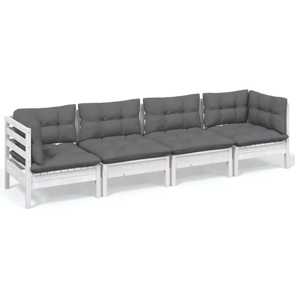 4-Delige Loungeset Met Kussens Massief Grenenhout Wit