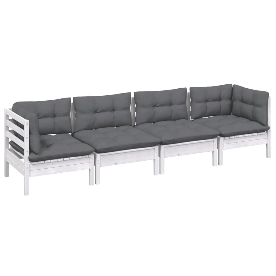 4-Delige Loungeset Met Kussens Massief Grenenhout Wit