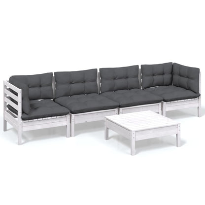 5-Delige Loungeset Met Kussens Massief Grenenhout Wit