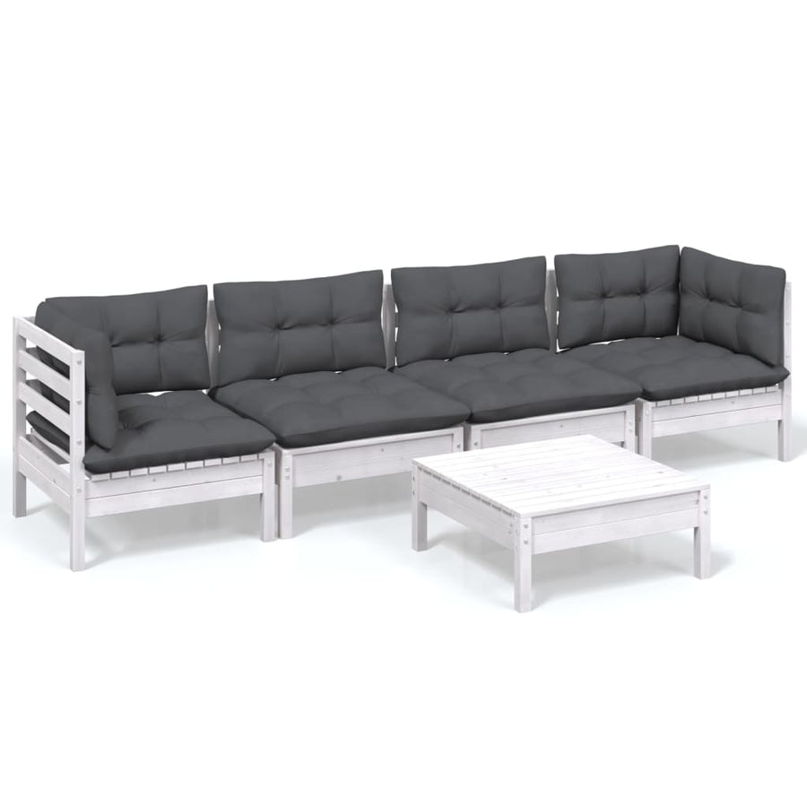 5-Delige Loungeset Met Kussens Massief Grenenhout Wit