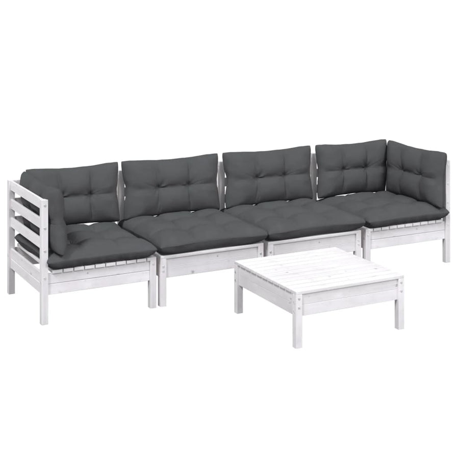 5-Delige Loungeset Met Kussens Massief Grenenhout Wit