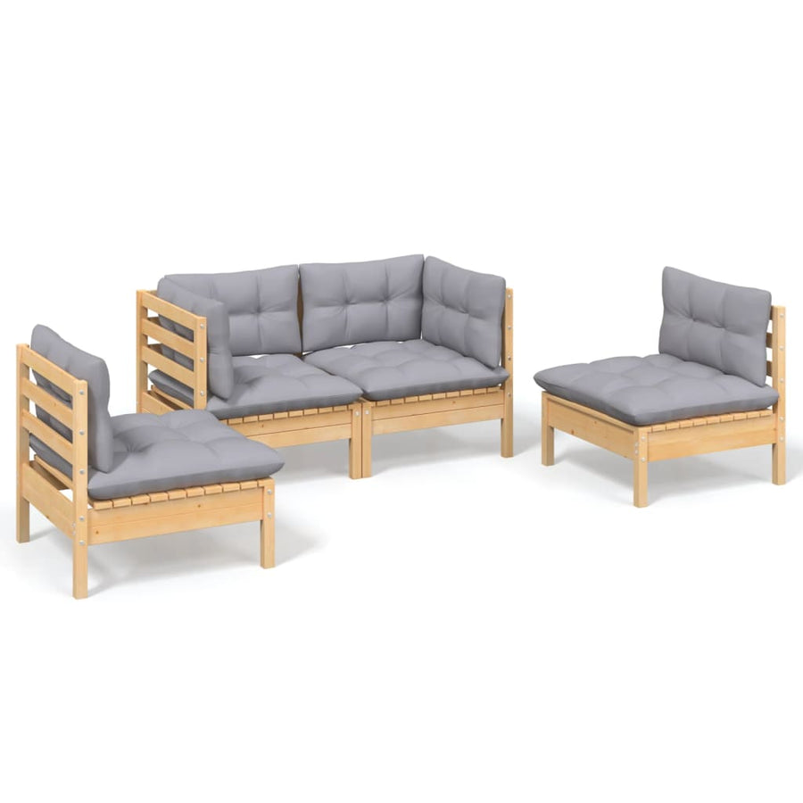 4-Delige Loungeset Met Grijze Kussens Massief Grenenhout Bruin en grijs