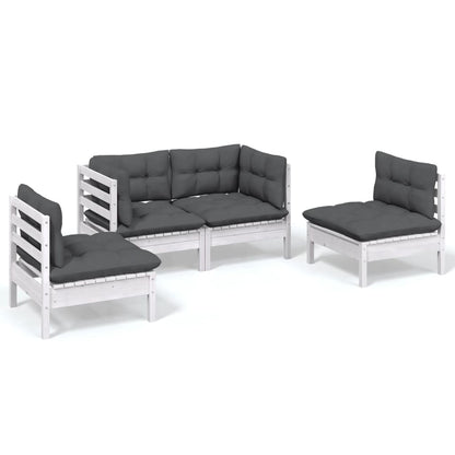 4-Delige Loungeset Met Kussens Massief Grenenhout Wit