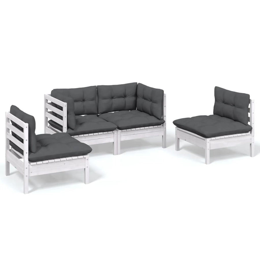 4-Delige Loungeset Met Kussens Massief Grenenhout Wit