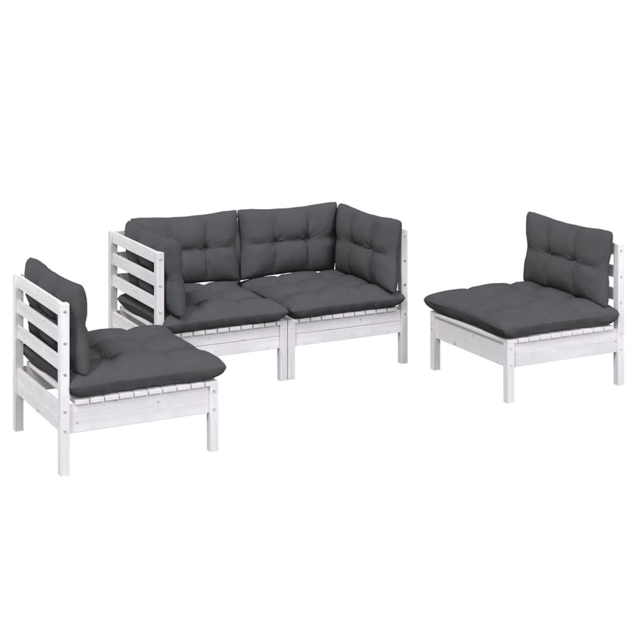4-Delige Loungeset Met Kussens Massief Grenenhout Wit