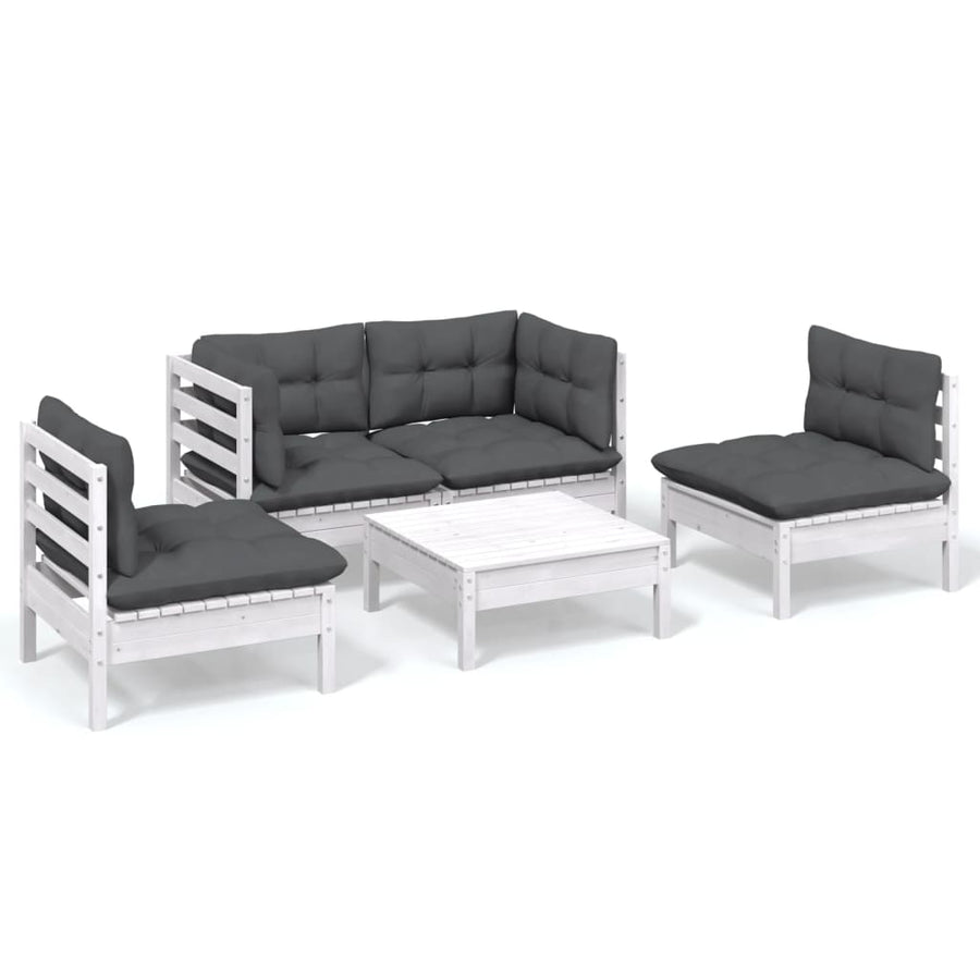 5-Delige Loungeset Met Kussens Massief Grenenhout Wit