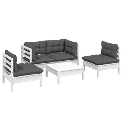 5-Delige Loungeset Met Kussens Massief Grenenhout Wit