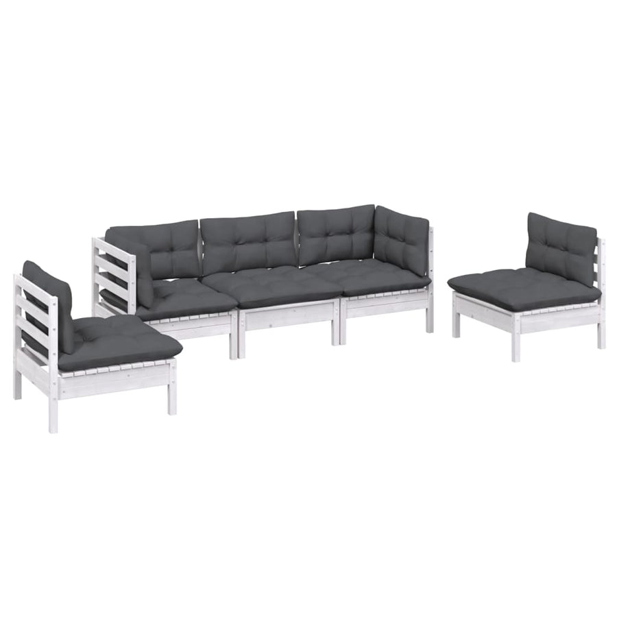 5-Delige Loungeset Met Kussens Massief Grenenhout Wit