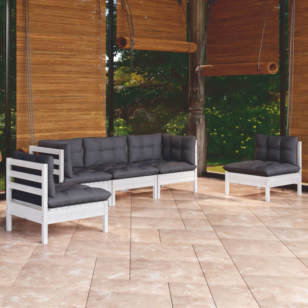 5-Delige Loungeset Met Kussens Massief Grenenhout Wit