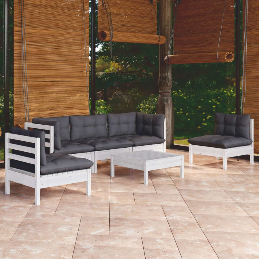 6-Delige Loungeset Met Kussens Massief Grenenhout Wit