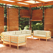 Loungeset 8-delig massief grenenhout crème kussens