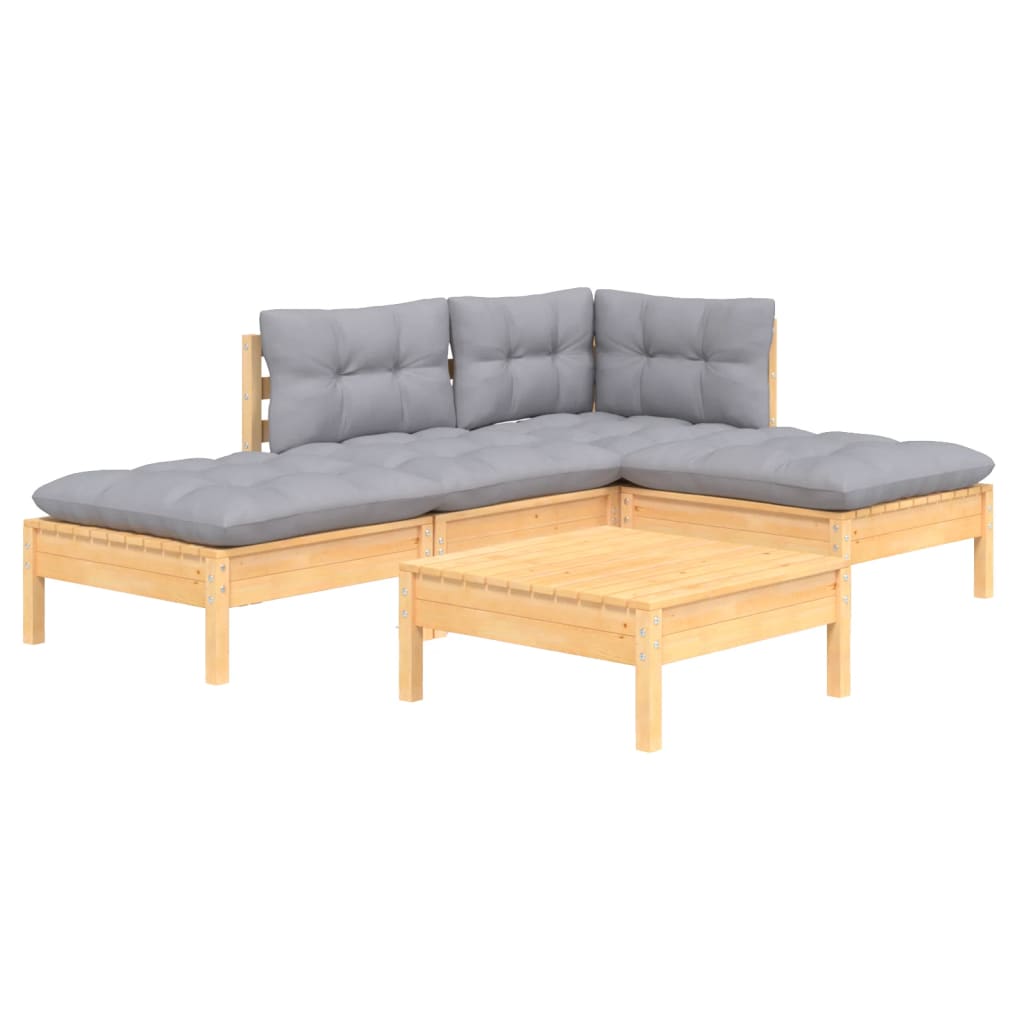 -Delige Loungeset Met Grijze Kussens Grenenhout Bruin en grijs
