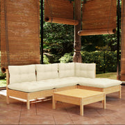 Loungeset 5-delig grenenhout crèmekleurige kussens
