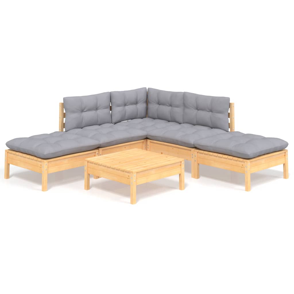 -Delige Loungeset Met Grijze Kussens Grenenhout Bruin en grijs