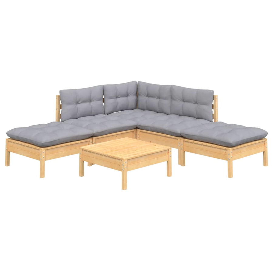 -Delige Loungeset Met Grijze Kussens Grenenhout Bruin en grijs