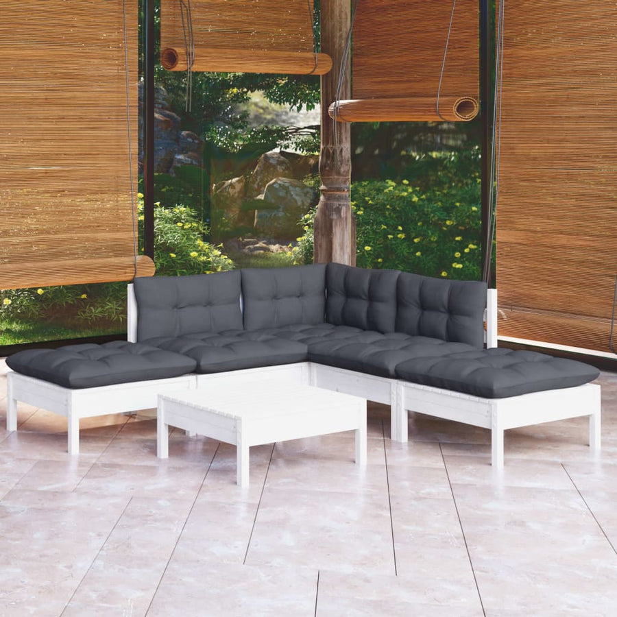 -Delige Loungeset Met Kussens Grenenhout Wit
