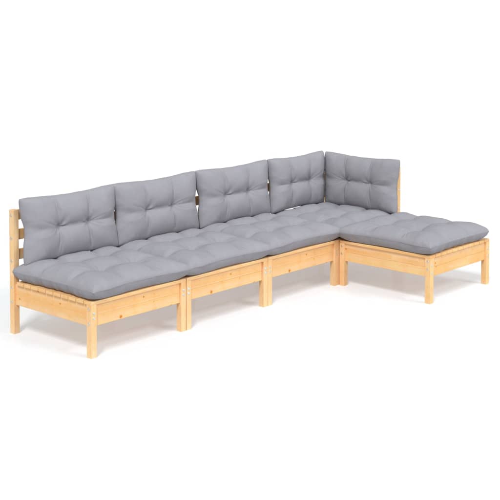 -Delige Loungeset Met Grijze Kussens Grenenhout Bruin en grijs