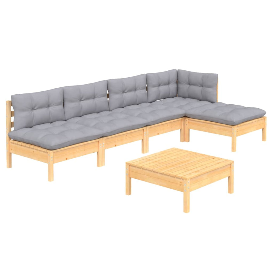 -Delige Loungeset Met Grijze Kussens Grenenhout Bruin en grijs