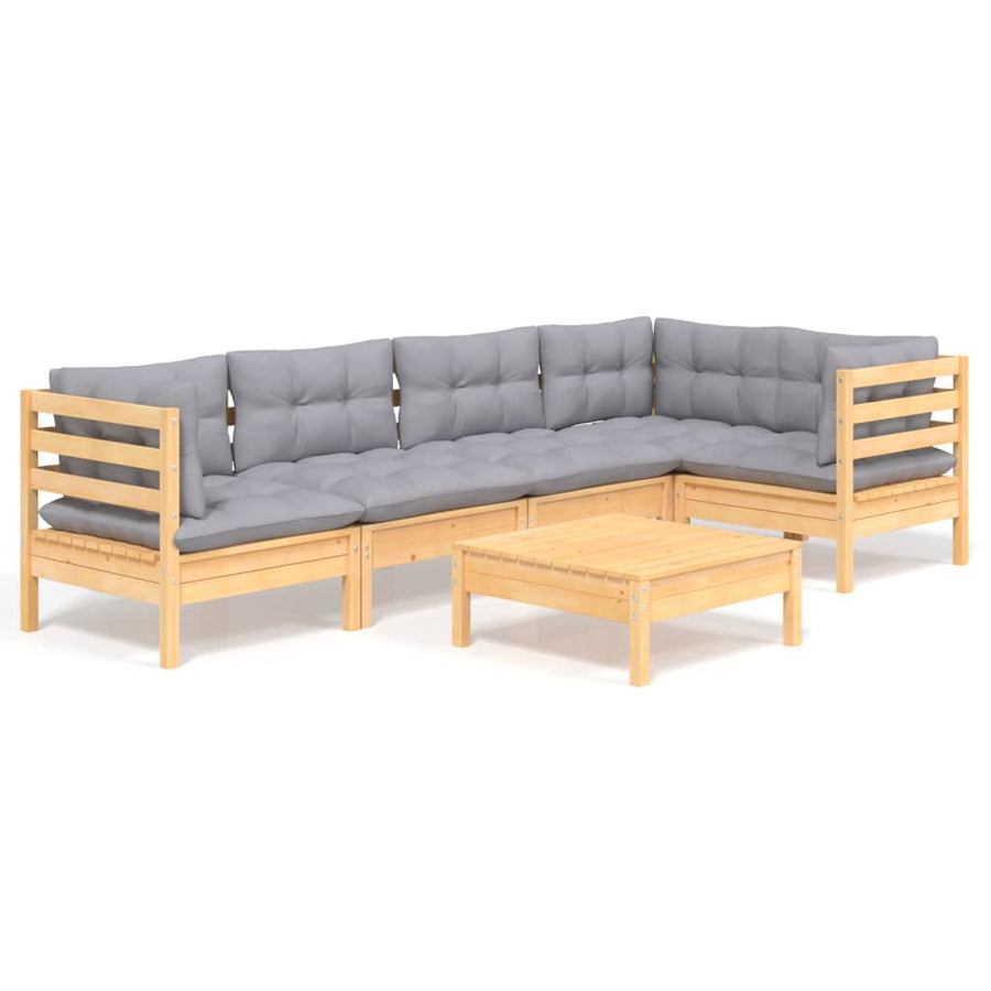 -Delige Loungeset Met Grijze Kussens Grenenhout Bruin en grijs