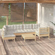 Loungeset 7-delig grenenhout crèmekleurige kussens