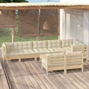 Loungeset 9-delig massief grenenhout crème kussens