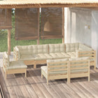 Loungeset 8-delig massief grenenhout crème kussens