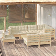 Loungeset 9-delig massief grenenhout crème kussens