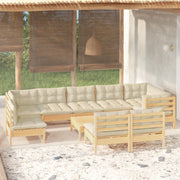 Loungeset 10-delig grenenhout crèmekleurige kussens