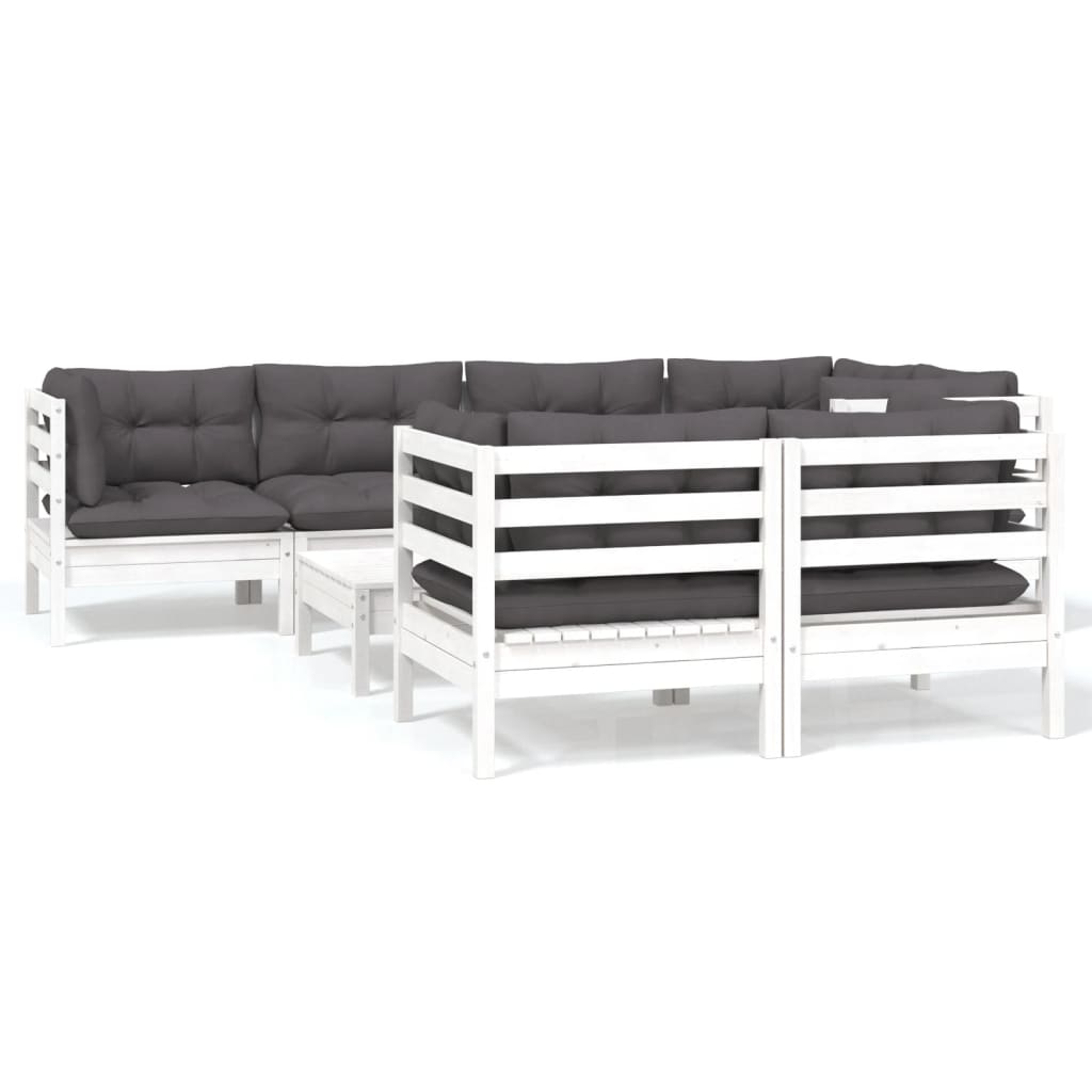 8-Delige Loungeset Met Kussens Massief Grenenhout Wit