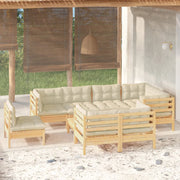 Loungeset 9-delig massief grenenhout crème kussens