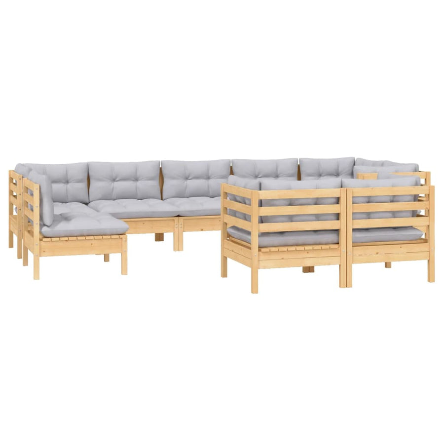 9-Delige Loungeset Met Grijze Kussens Massief Grenenhout Grijs