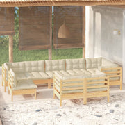 Loungeset 9-delig grenenhout crèmekleurige kussens