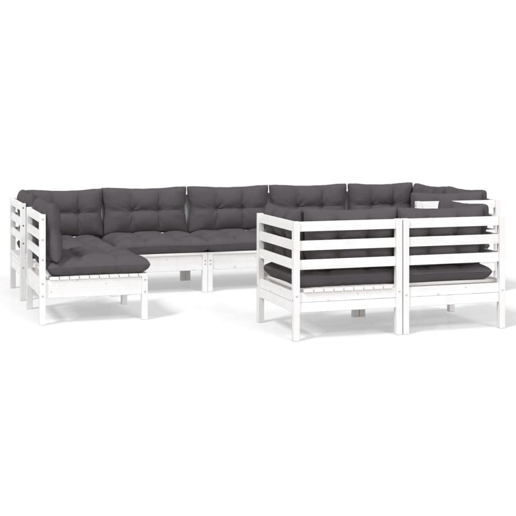 9-delige Loungeset met kussens massief grenenhout wit Wit