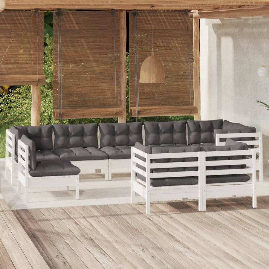 9-delige Loungeset met kussens massief grenenhout wit Wit