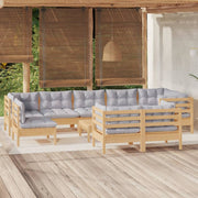 Loungeset 10-delig massief grenenhout grijs