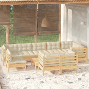 Loungeset 10-delig grenenhout crèmekleurige kussens
