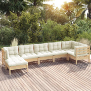 Loungeset 7-delig massief grenenhout crème kussens