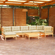 Loungeset 8-delig massief grenenhout crème kussens