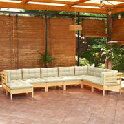 Loungeset 8-delig massief grenenhout crème kussens