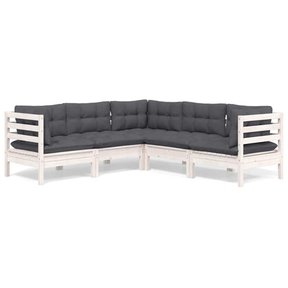 5-Delige Loungeset Met Kussens Massief Grenenhout Wit