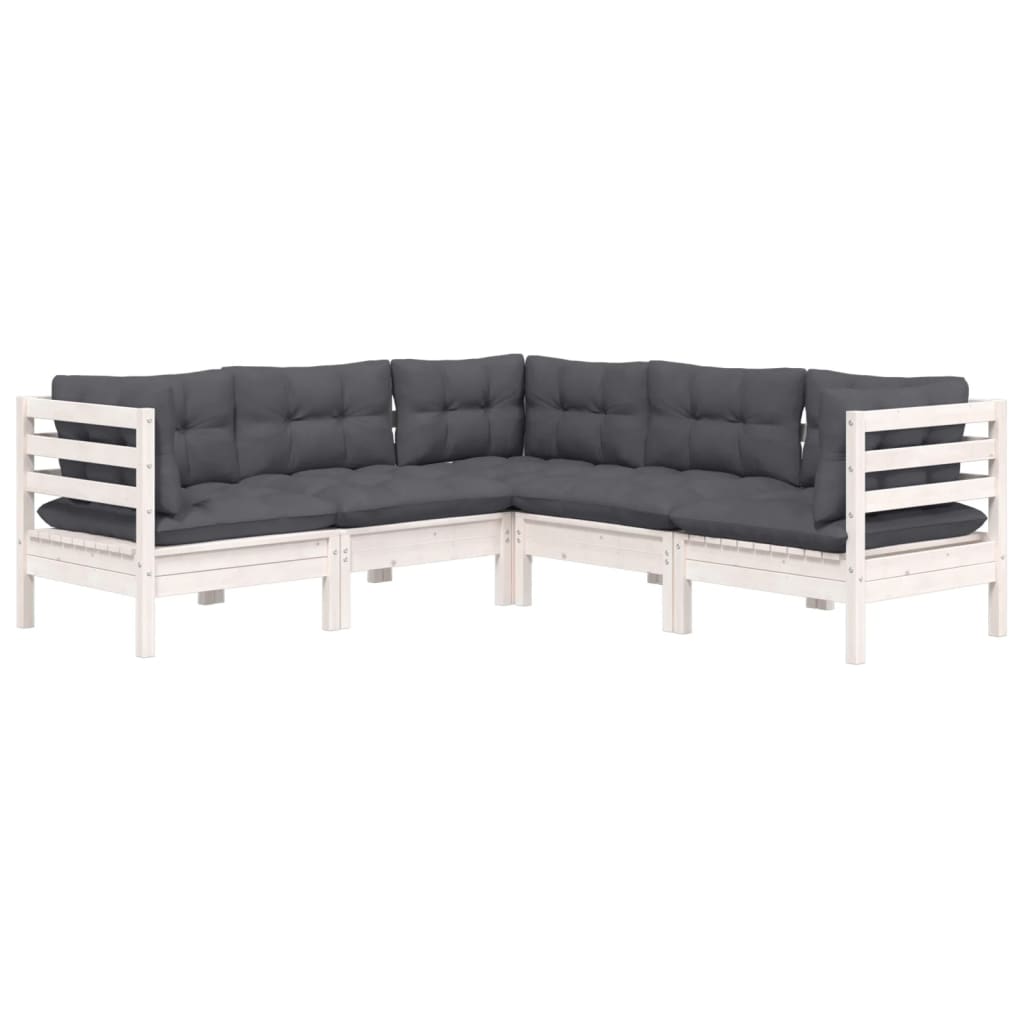 5-Delige Loungeset Met Kussens Massief Grenenhout Wit