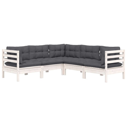 5-Delige Loungeset Met Kussens Massief Grenenhout Wit