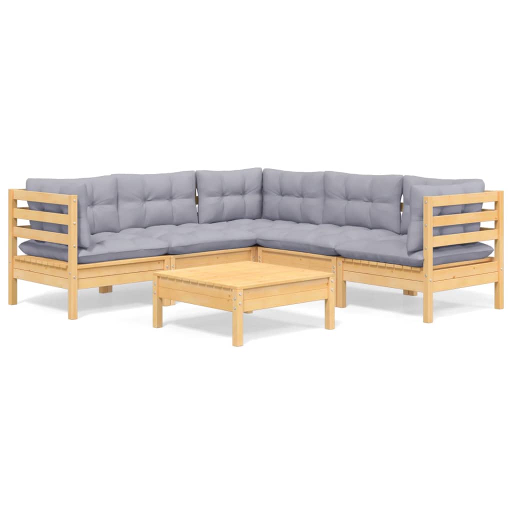 -Delige Loungeset Met Grijze Kussens Grenenhout Bruin en grijs