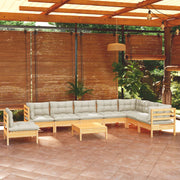 Loungeset 9-delig massief grenenhout crème kussens