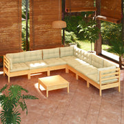 Loungeset 8-delig massief grenenhout crème kussens