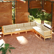 Loungeset 8-delig massief grenenhout crème kussens