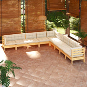 Loungeset 9-delig massief grenenhout crème kussens