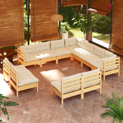Loungeset 11-delig massief grenenhout crème kussens