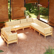 Loungeset 9-delig grenenhout crèmekleurige kussens