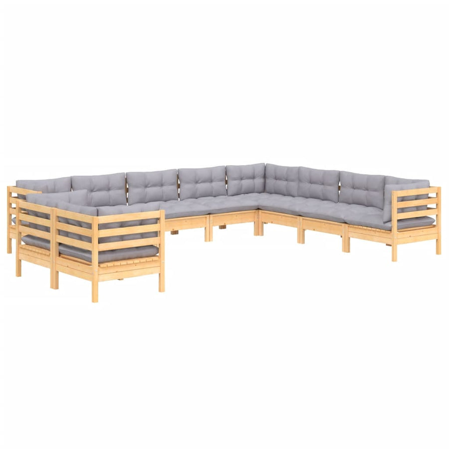 10-Delige Loungeset Met Grijze Kussens Massief Grenenhout Bruin en grijs